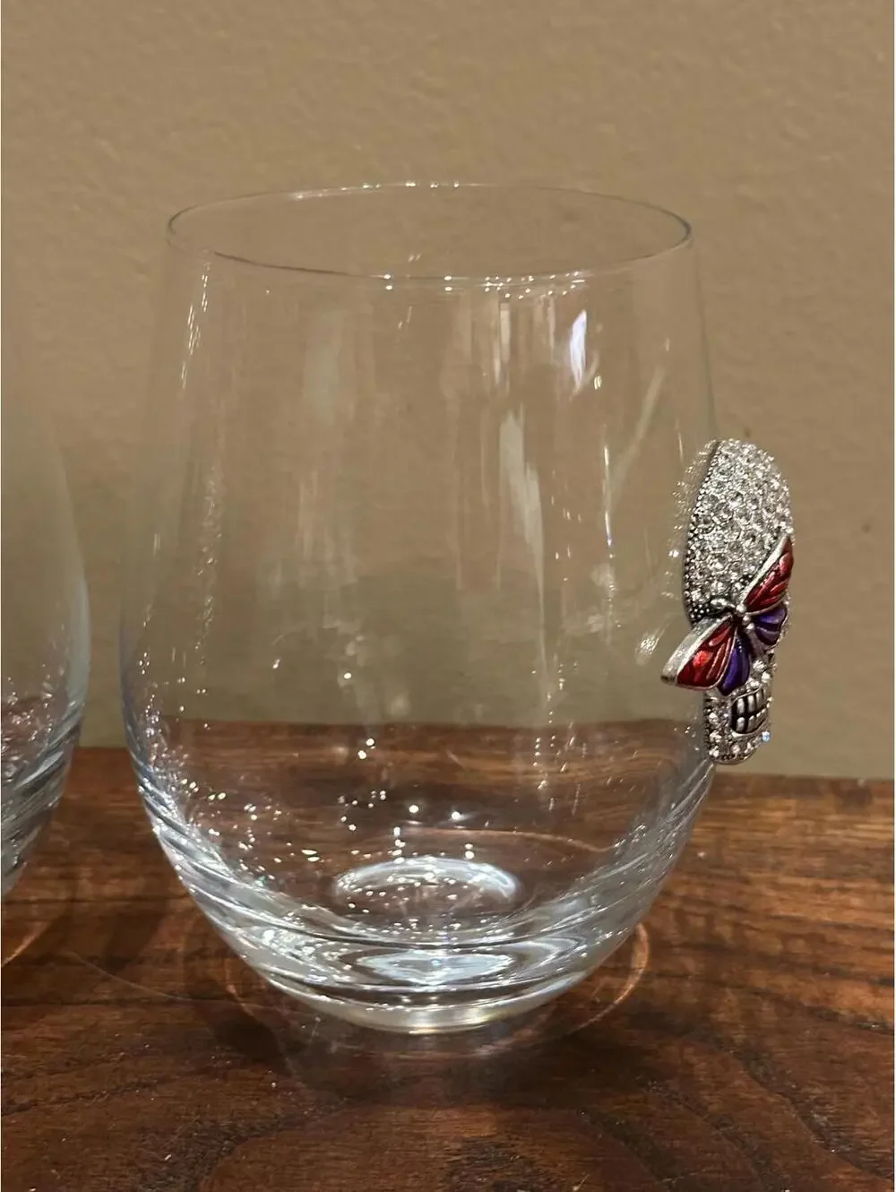 Pair Of Silver Skull With Butterfly Stemless Wine Glasses